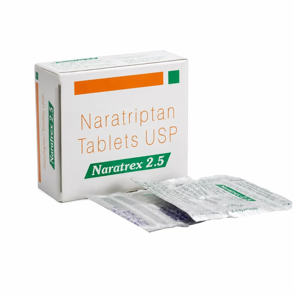Naratrex 2.5 naratriptan tablets box and blister packs